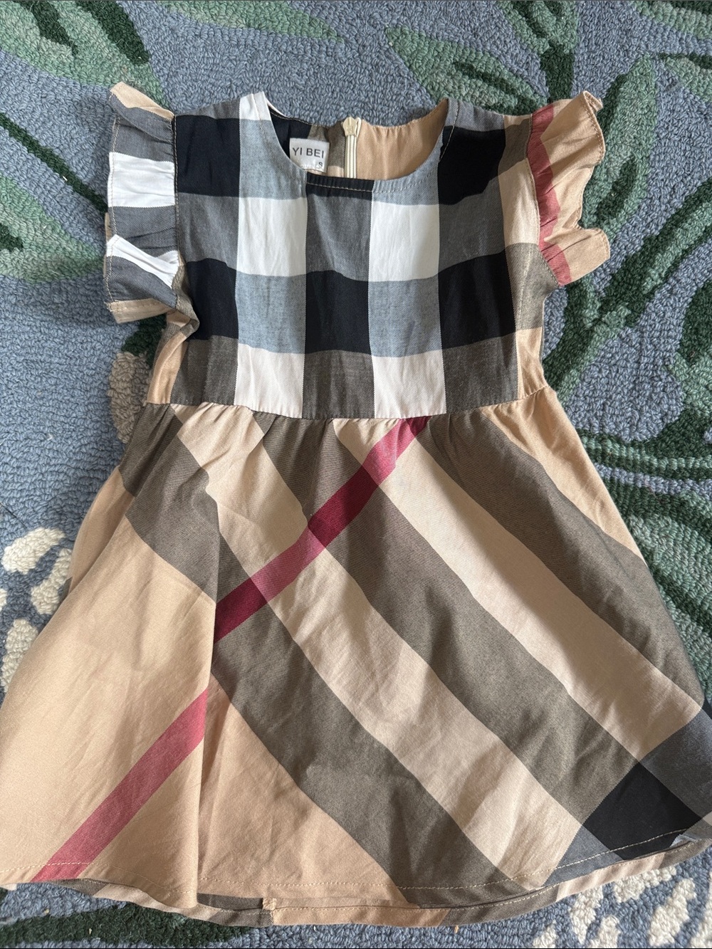 Beige Plaid Kids Dress with Ruffle Sleeves